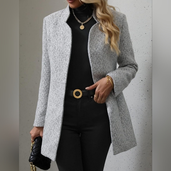 New Classic Herringbone Tweed Open Front Blazer Jacket White Gray - Picture 5 of 7